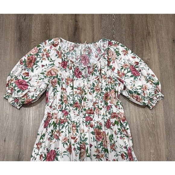 Anthropologie Somerset Dress Size 1X White Pink Floral Maxi Puff Sleeve Cotton - Picture 8 of 14
